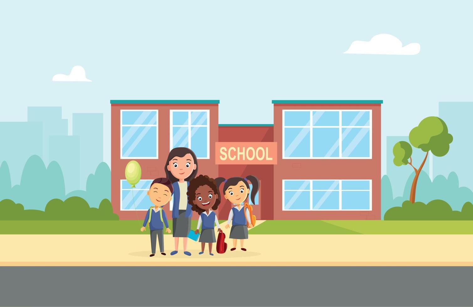 un' gruppo di studenti vicino il scuola. divertente bambini. benvenuto per il scuola. vettore Immagine nel un' cartone animato piatto stile.
