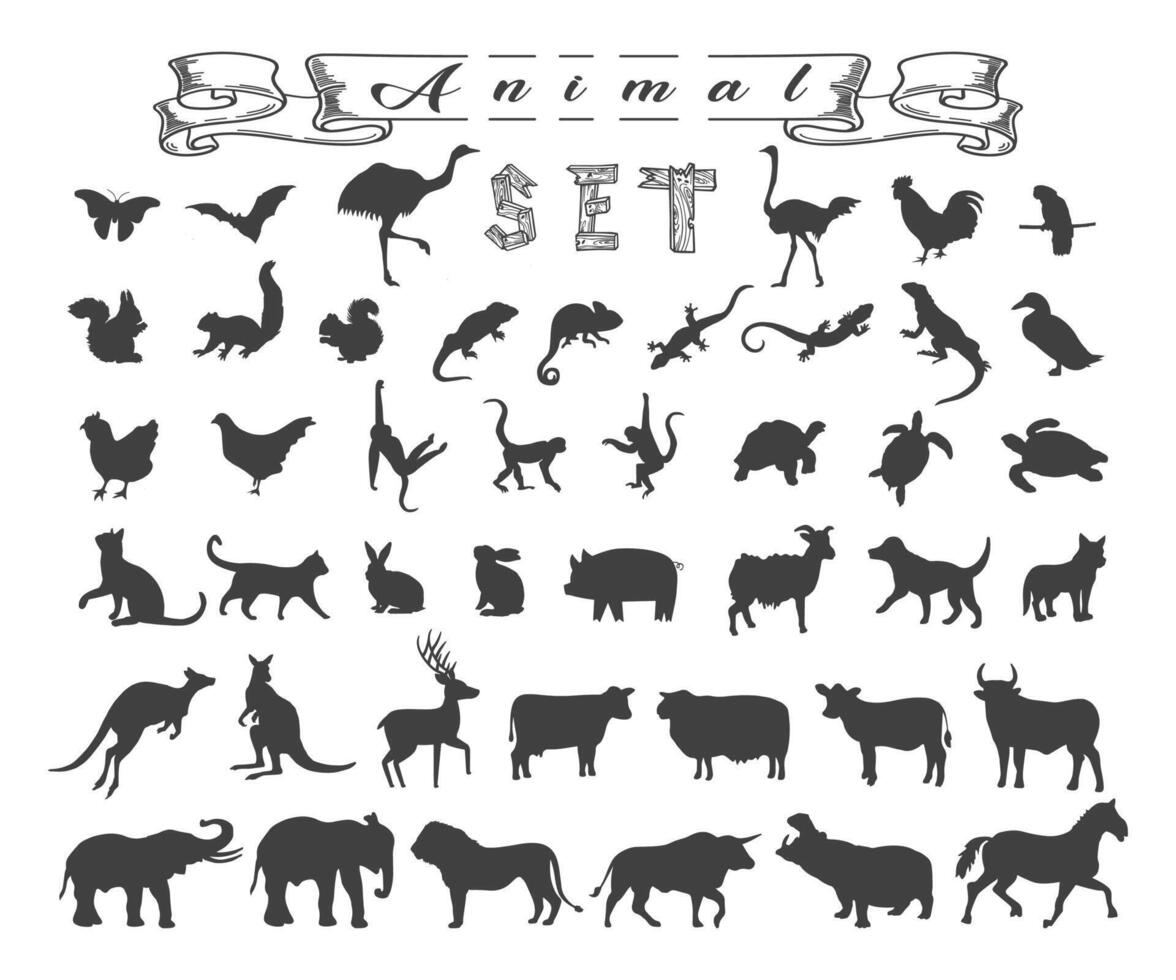 silhouette design elementi collezione, animale illustrazione impostato vettore