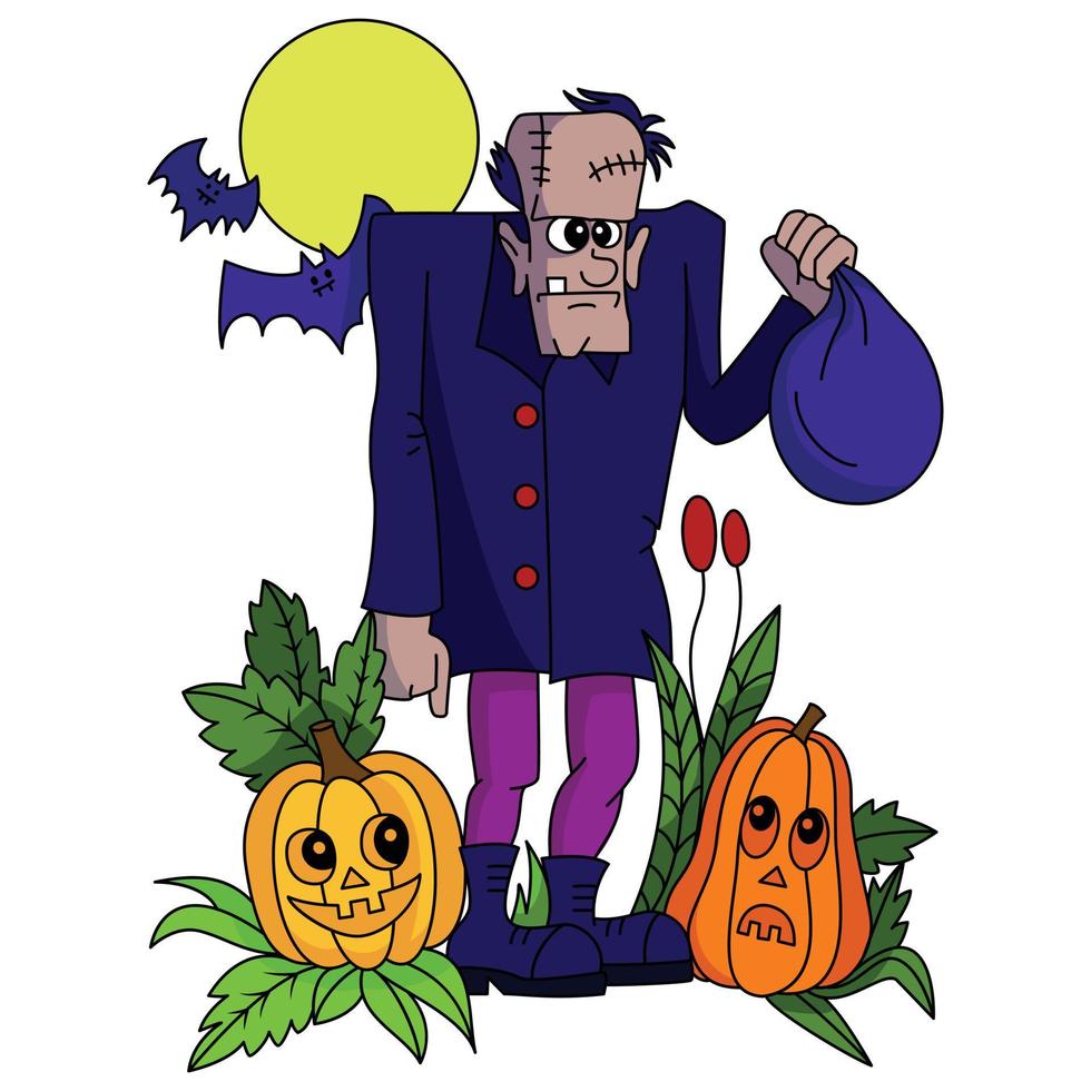 Frankenstein mostro con zucche e pipistrelli su il chiaro di luna opera d'arte Halloween colorazione pagine vettore