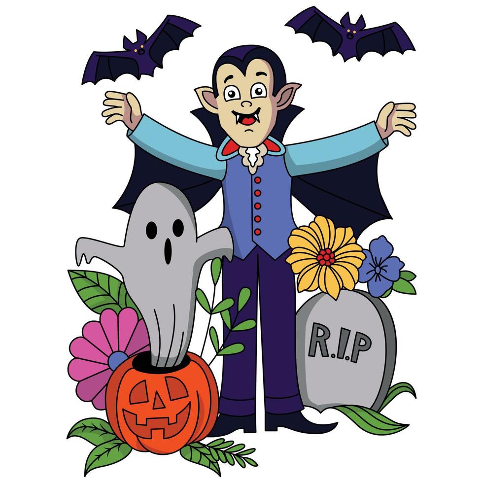 Halloween vampiro con fischio è venuto su nel il zucca strappare tomba fiori pipistrello colorazione illustrazione vettore