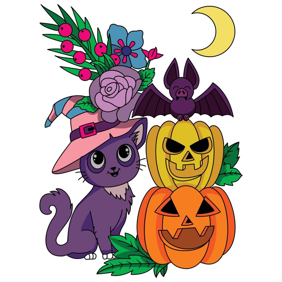 bello gatto indossare strega fiore decorato cappelli zucca pipistrelli Halloween colorazione illustrazione opera d'arte vettore