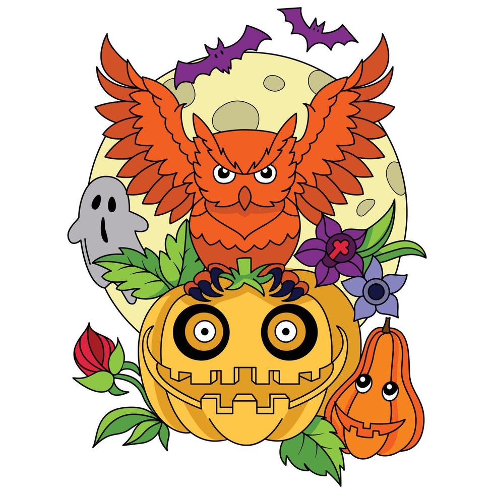 gufo su il zucca pauroso pipistrello volante Luna su il sfondo Halloween colorazione pagina illustrazione vettore