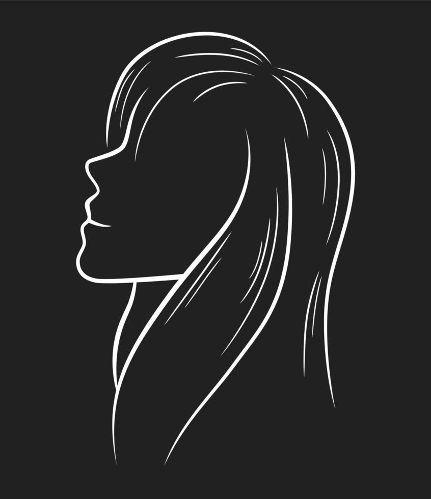 semplice linea arte di un' donna visto a partire dal il lato su nero sfondo vettore