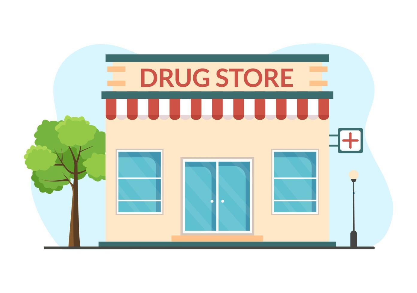 droga memorizzare modello mano disegnato cartone animato piatto illustrazione negozio per il vendita di droghe, un' farmacista, medicinale, capsule e bottiglia vettore