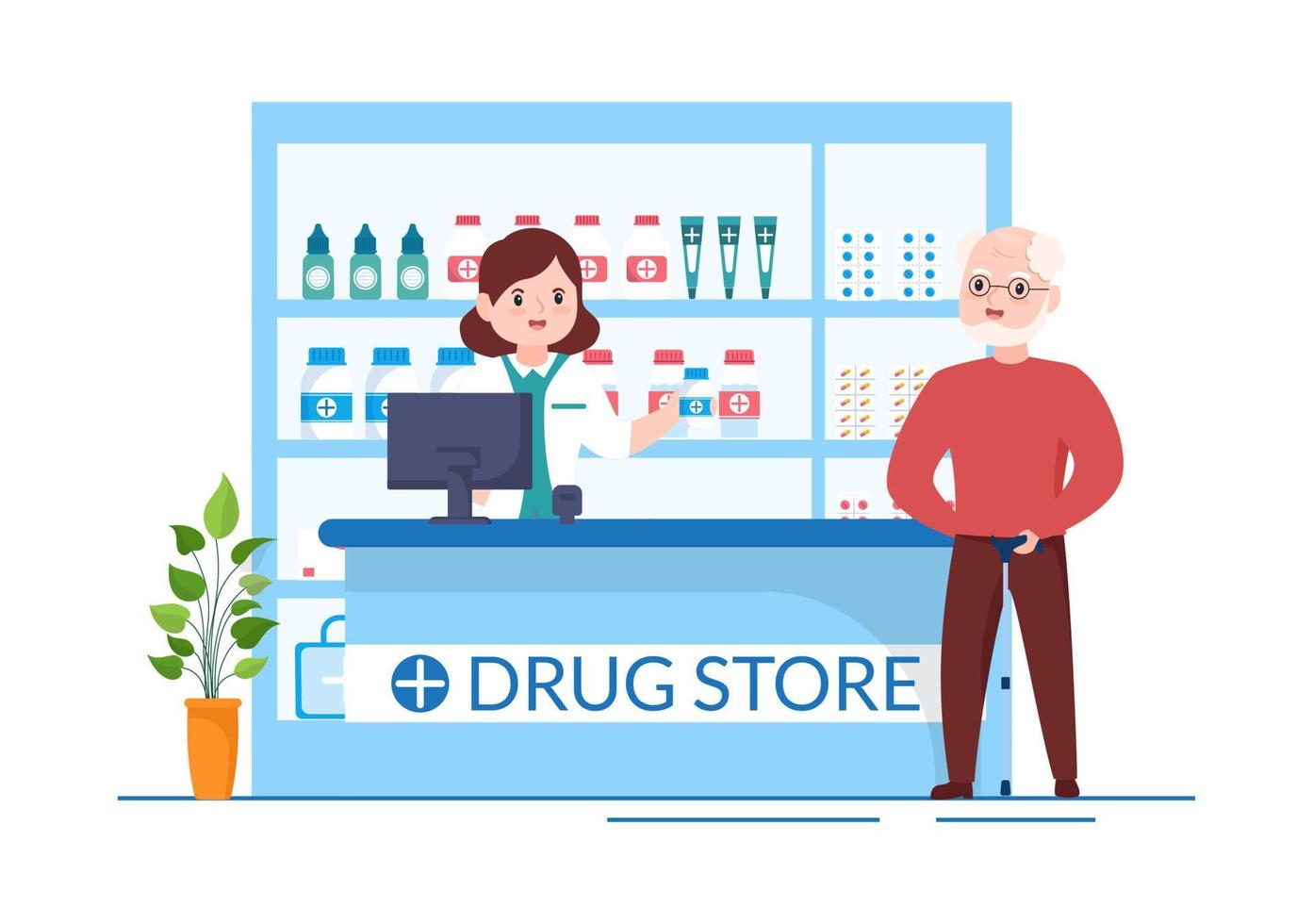 droga memorizzare modello mano disegnato cartone animato piatto illustrazione negozio per il vendita di droghe, un' farmacista, medicinale, capsule e bottiglia vettore