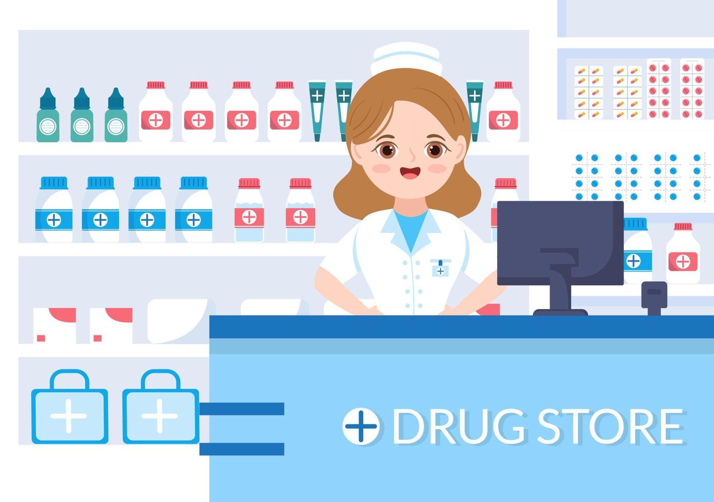 droga memorizzare modello mano disegnato cartone animato piatto illustrazione negozio per il vendita di droghe, un' farmacista, medicinale, capsule e bottiglia vettore