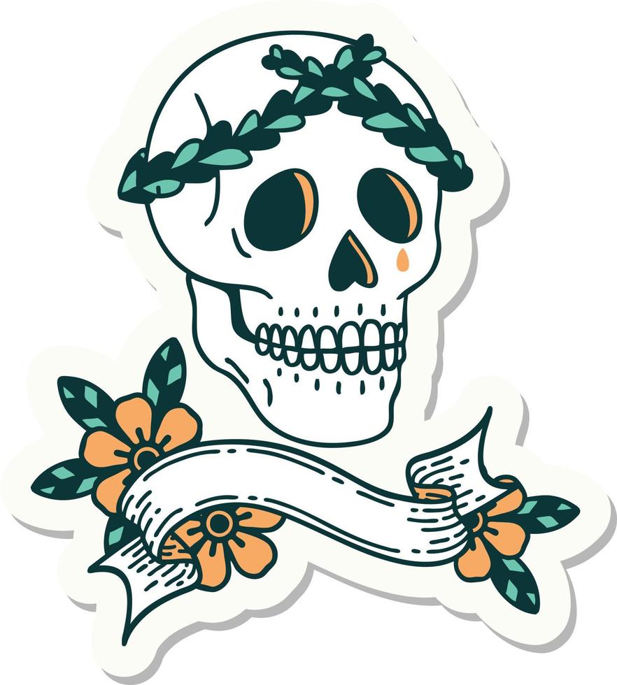tatuaggio stile etichetta con bandiera di un' cranio con alloro ghirlanda corona vettore