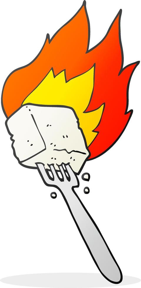 a mano libera disegnato cartone animato fiammeggiante tofu su forchetta vettore