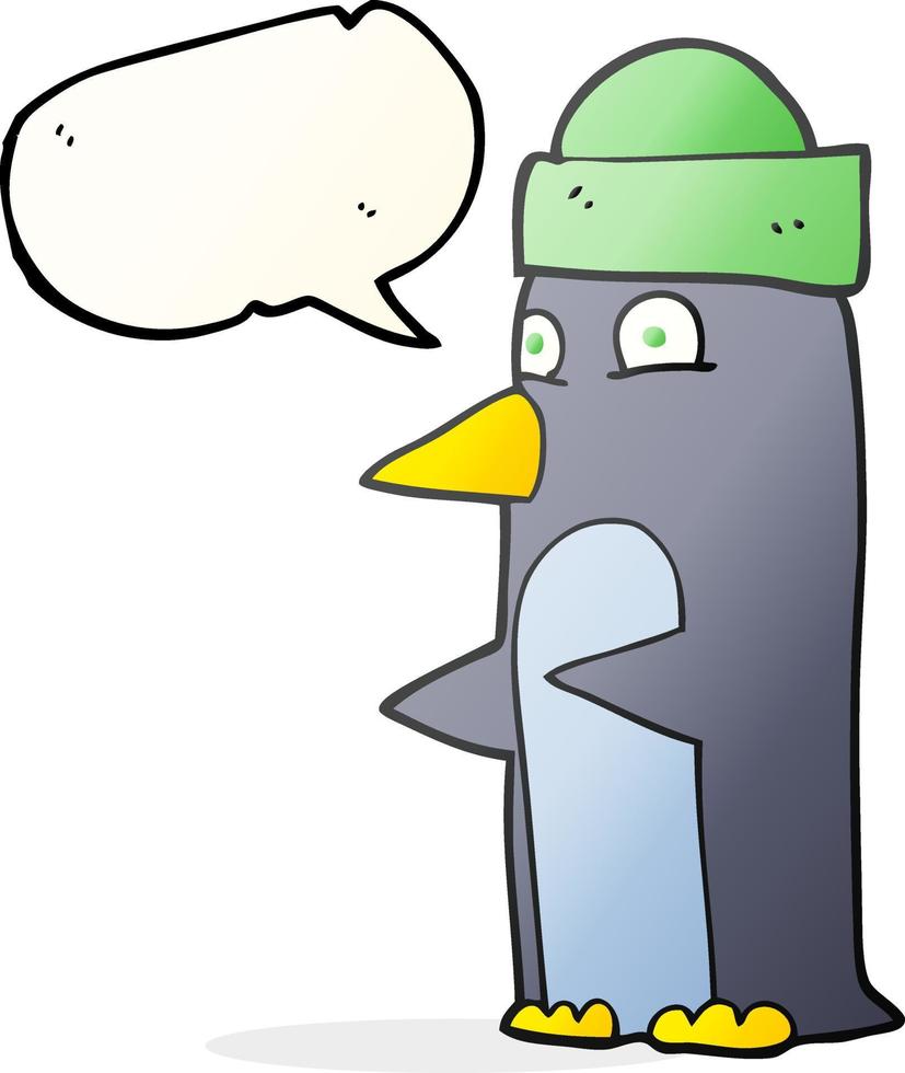 a mano libera disegnato discorso bolla cartone animato pinguino indossare cappello vettore