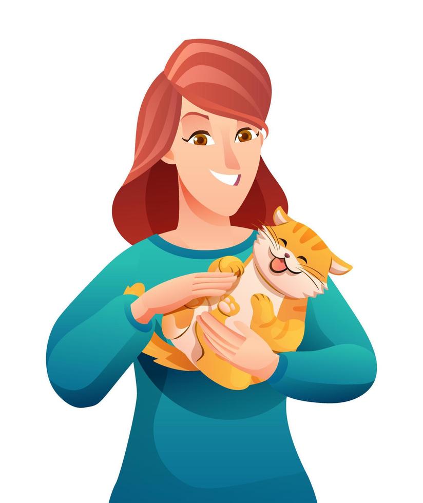 ritratto di donna con sua gatto cartone animato personaggio illustrazione vettore