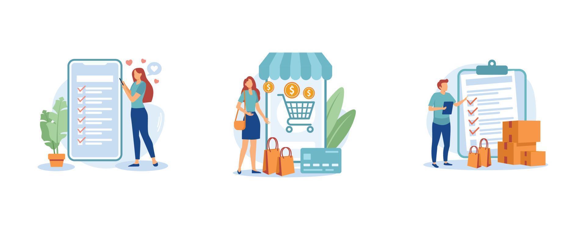 in linea acquisti. Lista dei desideri, acquistare, mio ordini elenco, Inserisci per shopping carrello, Prodotto nel scorta, Al dettaglio negozio, e-commerce sito web. impostato piatto vettore moderno illustrazione