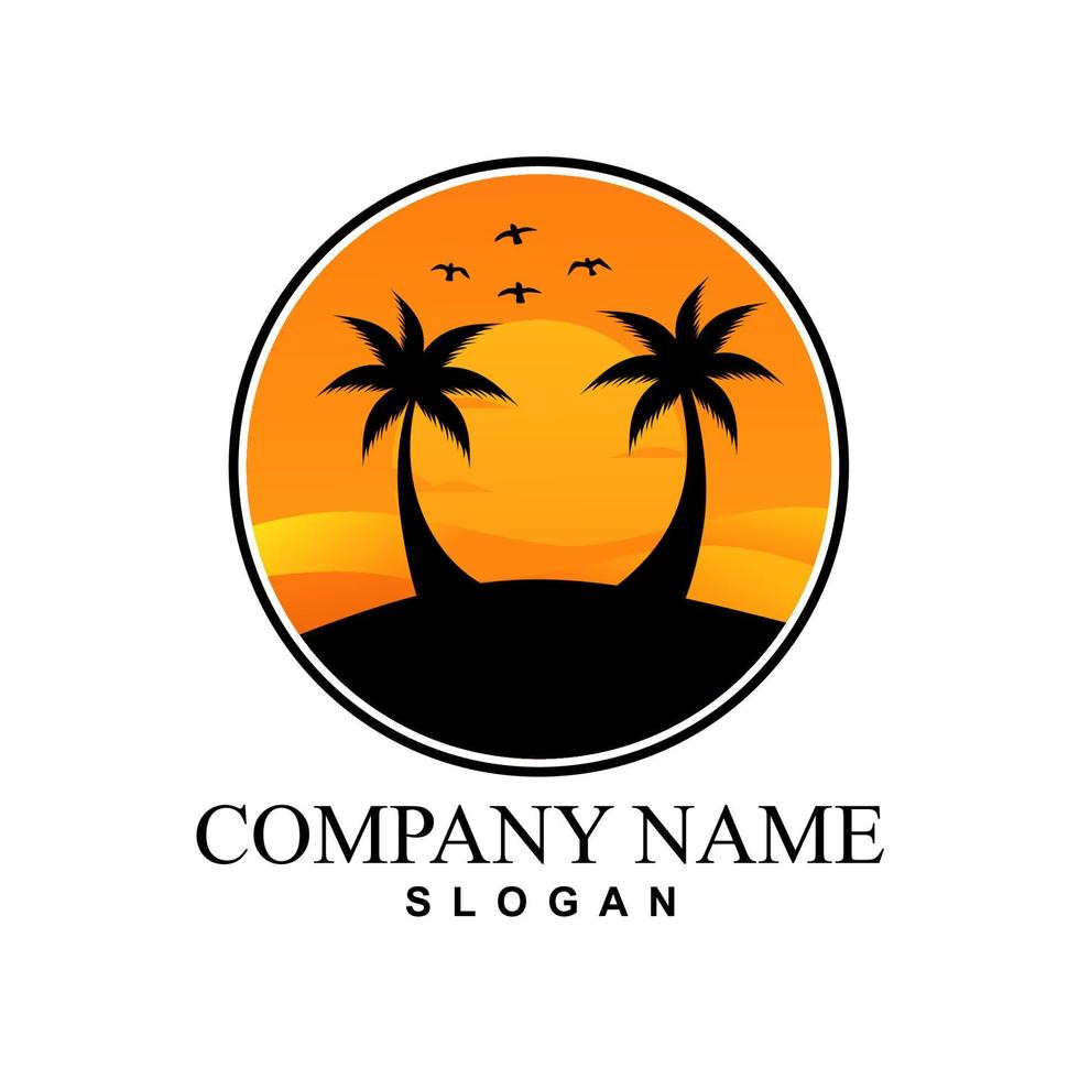 design del logo dell'isola con palme da cocco e tramonto vettore