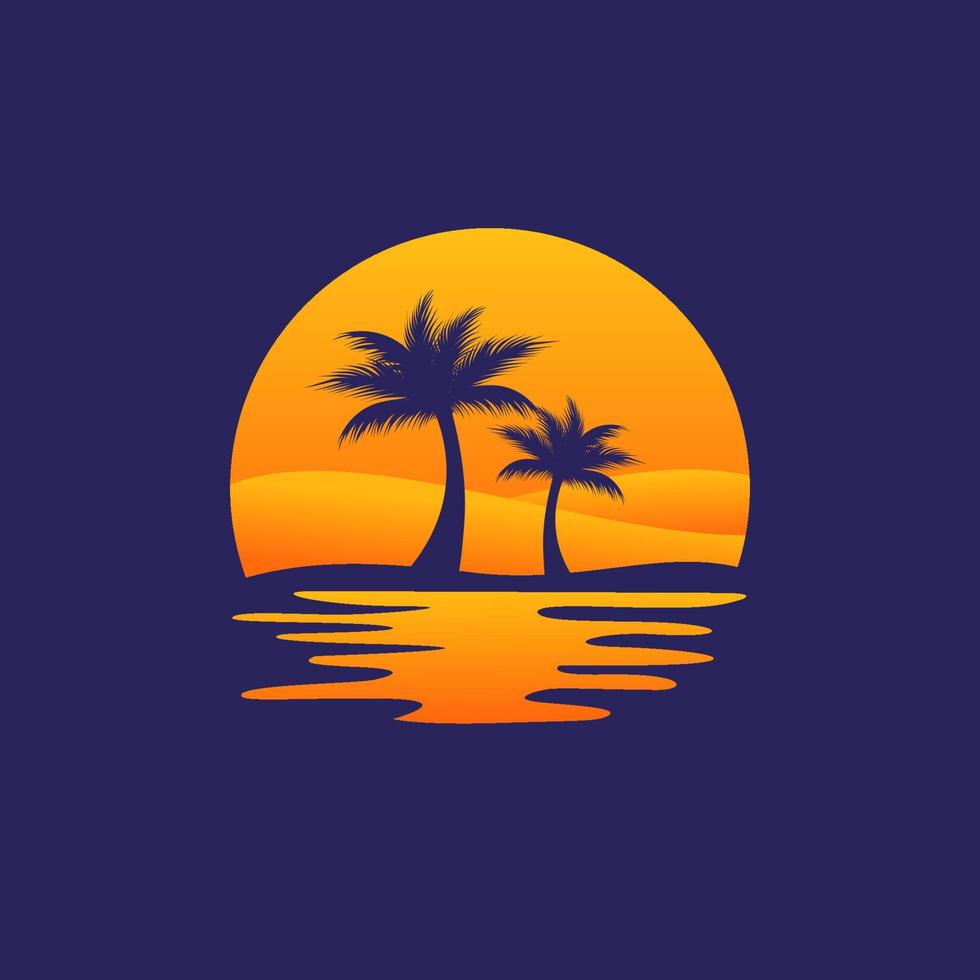 design del logo dell'isola con palme da cocco e tramonto vettore