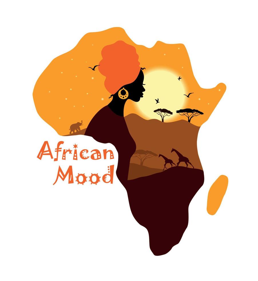 tropicale paesaggio nel africano carta geografica con bellissimo africano donna nel turbante. africano savana carta con tramonto. vettore