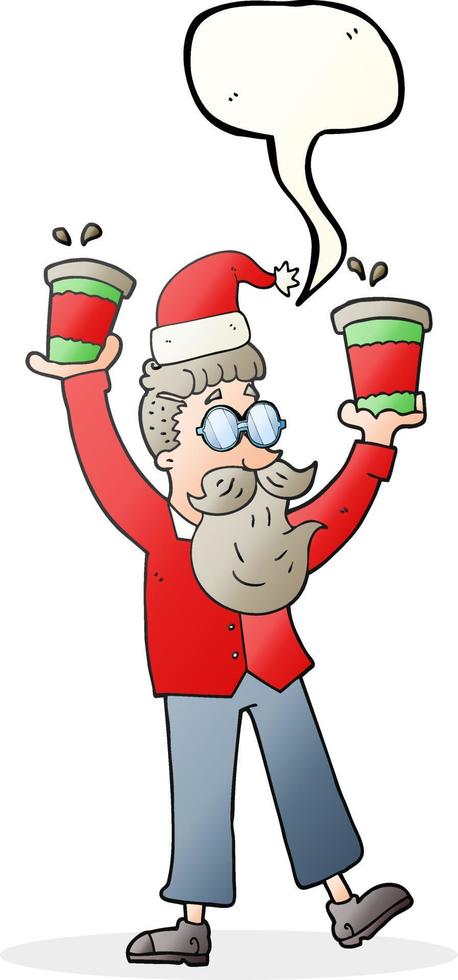 a mano libera disegnato discorso bolla cartone animato uomo con caffè tazze a Natale vettore