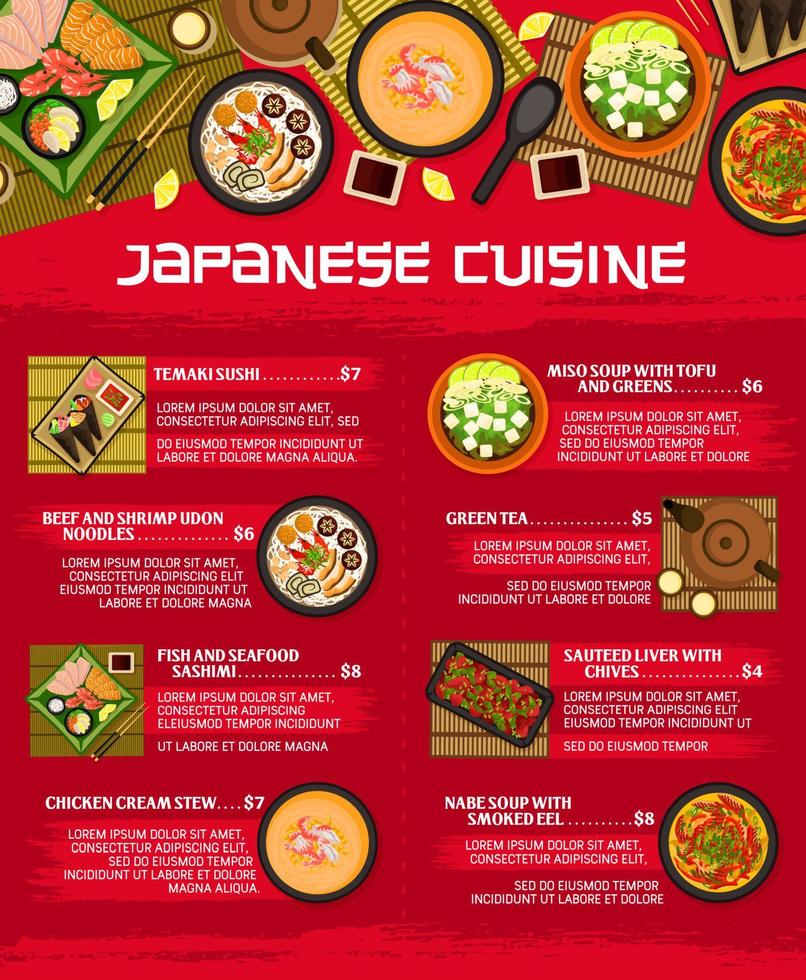 giapponese cucina menù, vettore asiatico Giappone piatti