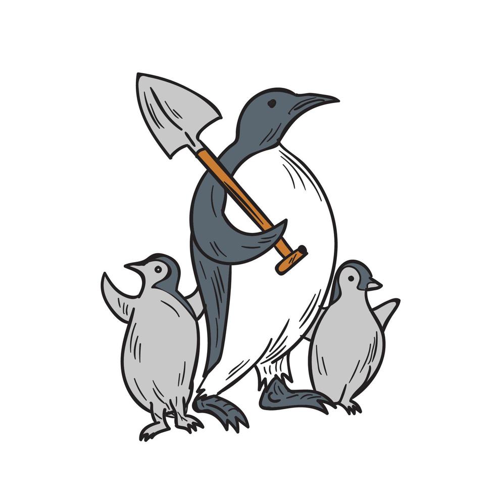 pinguino Tenere pala con pulcini disegno vettore