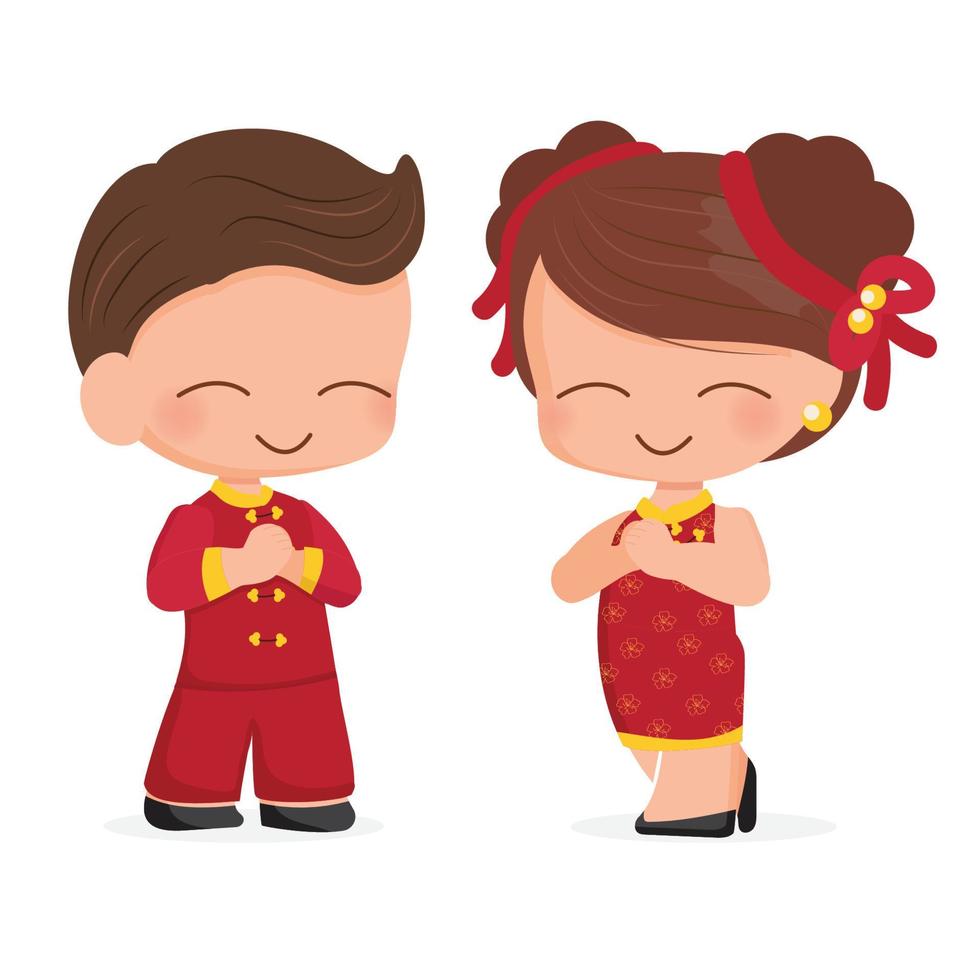 carino giovane coppia nel rosso Cinese nuovo anno tradizionale vestito isolato su bianca sfondo vettore
