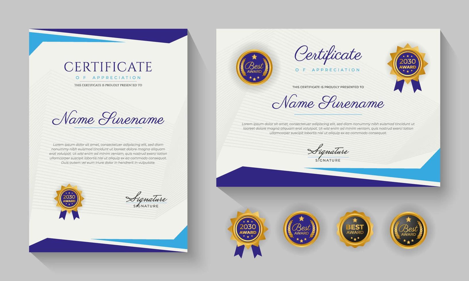 moderno blu certificato di realizzazione o certificazione di apprezzamento modello design vettore