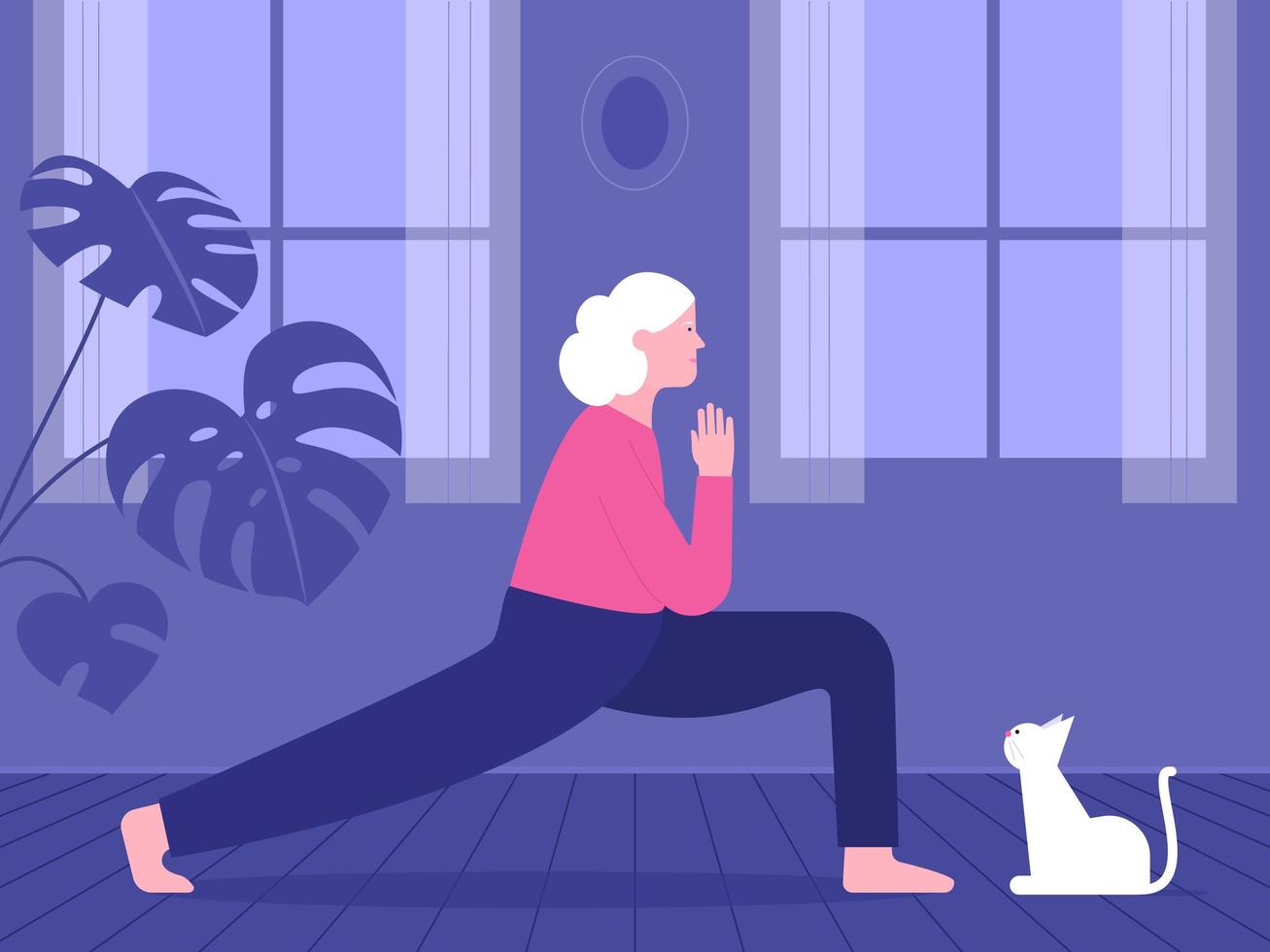 donna anziana che fa yoga wit cat a casa vettore
