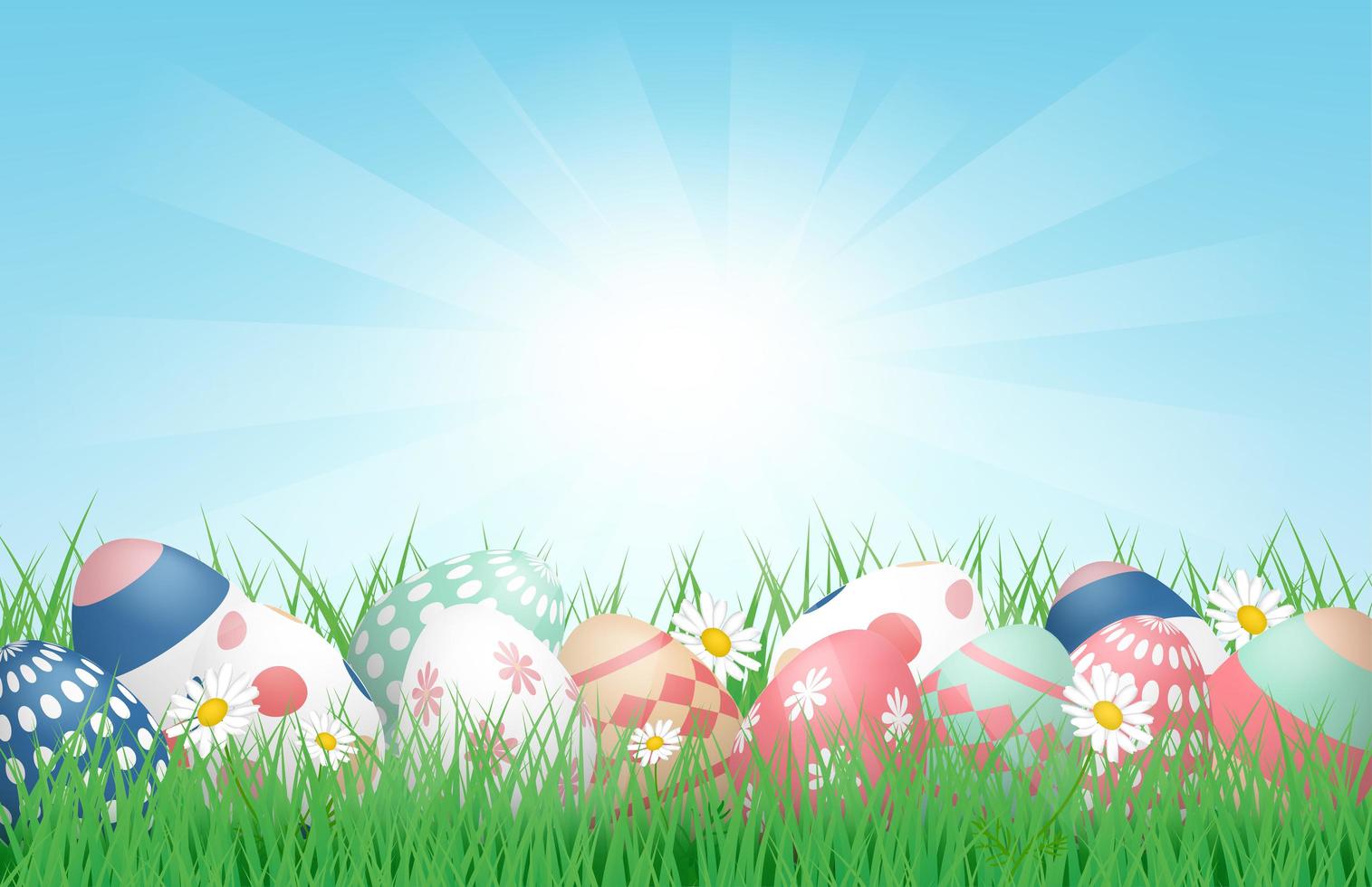 manifesto di Pasqua con le uova nel campo di erba soleggiato vettore