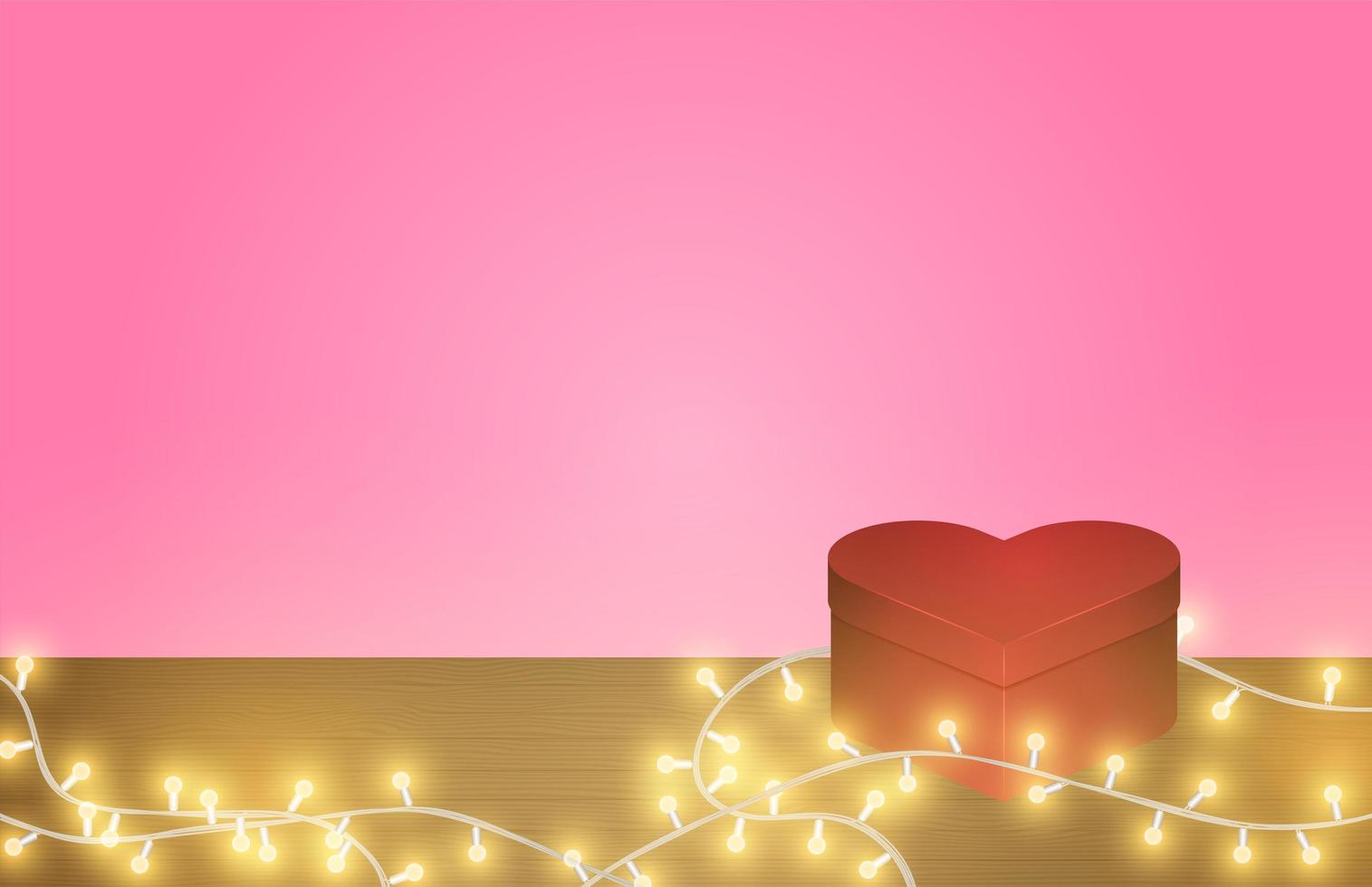scatola a forma di cuore e luci incandescenti sul tavolo di legno vettore