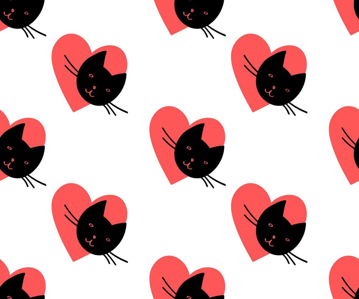 carino nero gatto con rosso cuore. divertente senza soluzione di continuità modello vettore