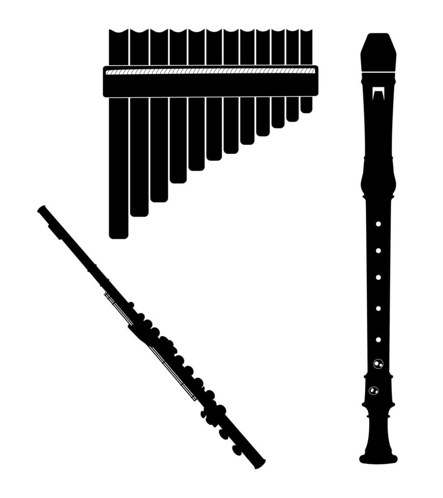 impostato di flauti silhouette, occidentale concerto, registratore e padella flauto legna vento musicale strumento vettore