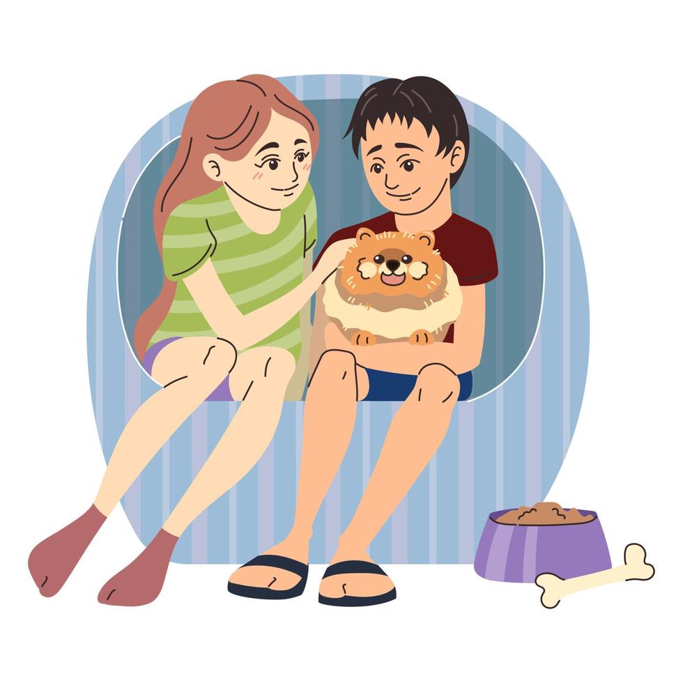 bambini giocare con pomerania. cane e proprietari. ragazzo e ragazza siamo Tenere cucciolo nel mani. vettore illustrazione isolato su un' bianca sfondo.