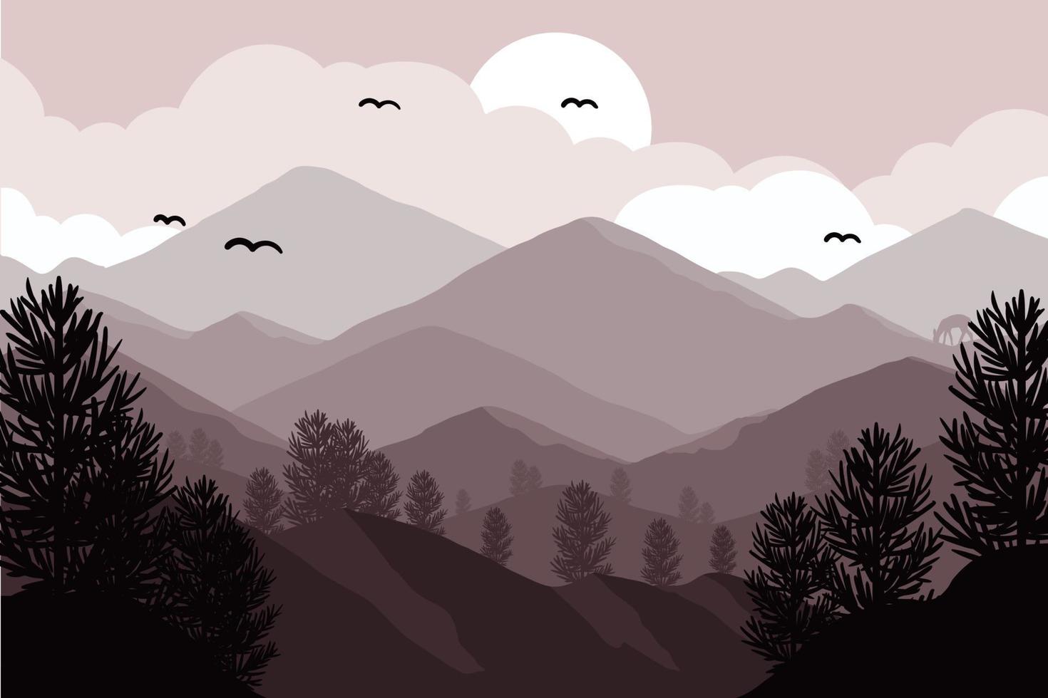 bella illustrazione del paesaggio vettoriale - alba calda e pacifica su montagne, oceano e foresta. concetto di viaggio, escursionismo, attività all'aperto e avventura. utilizzare come sfondo o sfondo.