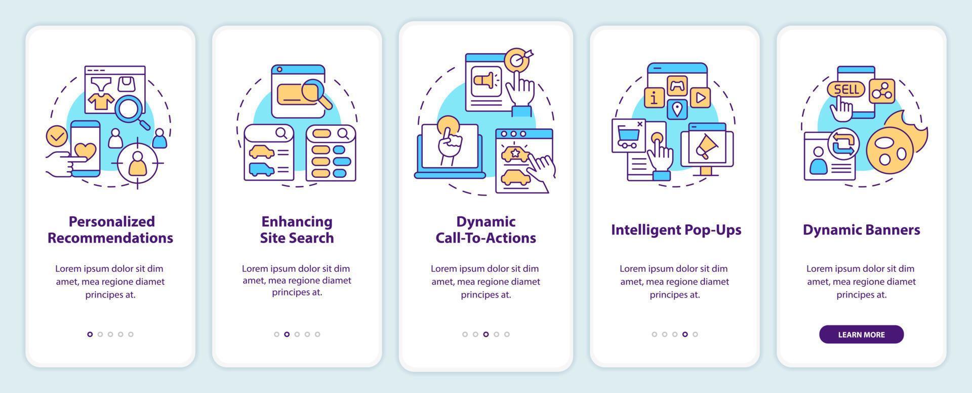 Incremento conversazione con dinamico soddisfare onboarding mobile App schermo. Procedura dettagliata 5 passaggi modificabile grafico Istruzioni con lineare concetti. ui, ux, gui modello. vettore