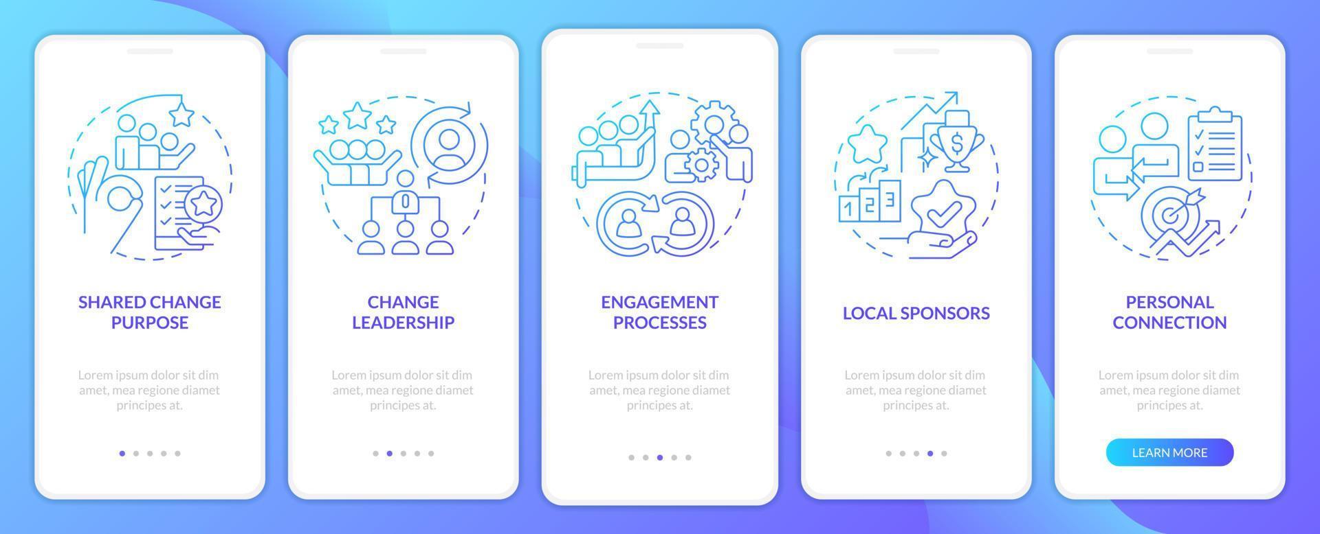 critico successo fattori blu pendenza onboarding mobile App schermo. Piano Procedura dettagliata 5 passaggi grafico Istruzioni con lineare concetti. ui, ux, gui modello. vettore