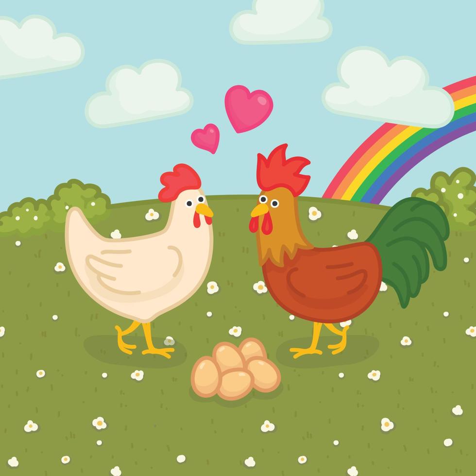 galline e Gallo siamo dando amore per uova kawaii scarabocchio piatto cartone animato vettore illustrazione