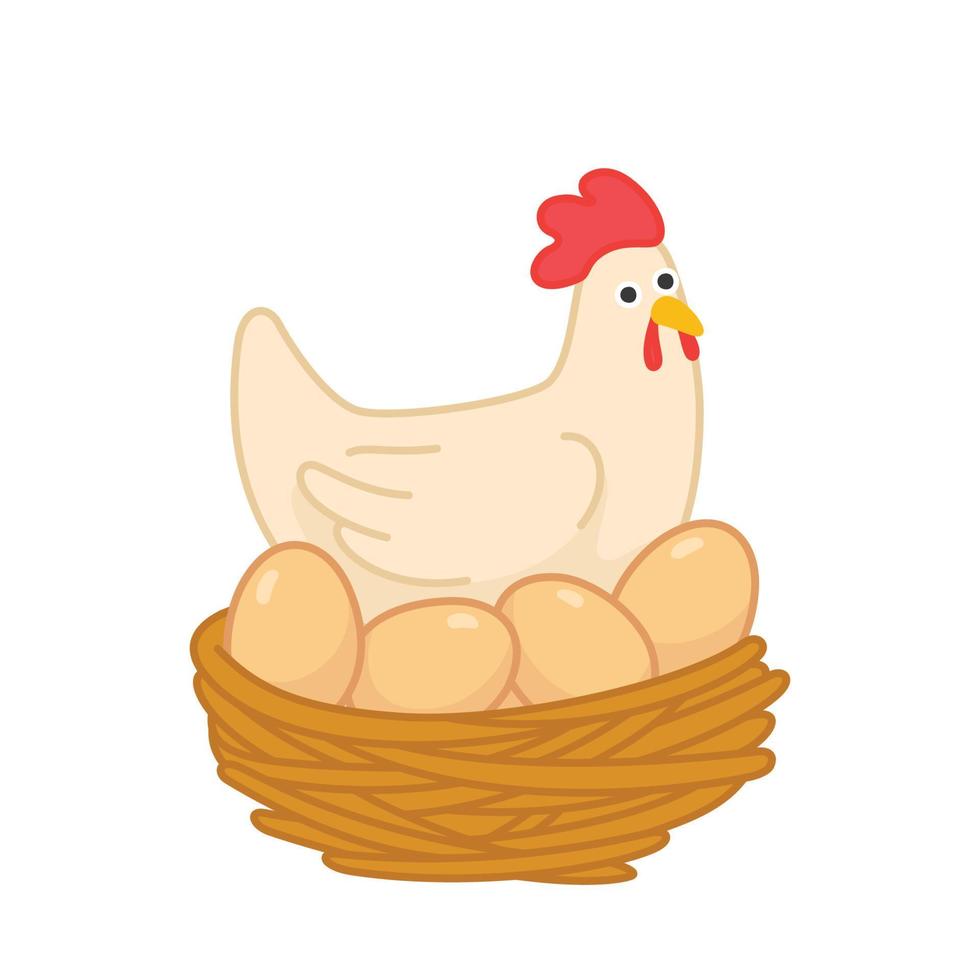 bianca gallina incubando uova kawaii scarabocchio piatto cartone animato vettore illustrazione