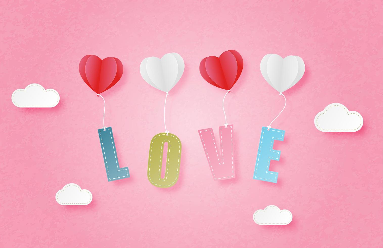 arte della carta amore testo appeso a palloncini cuore vettore