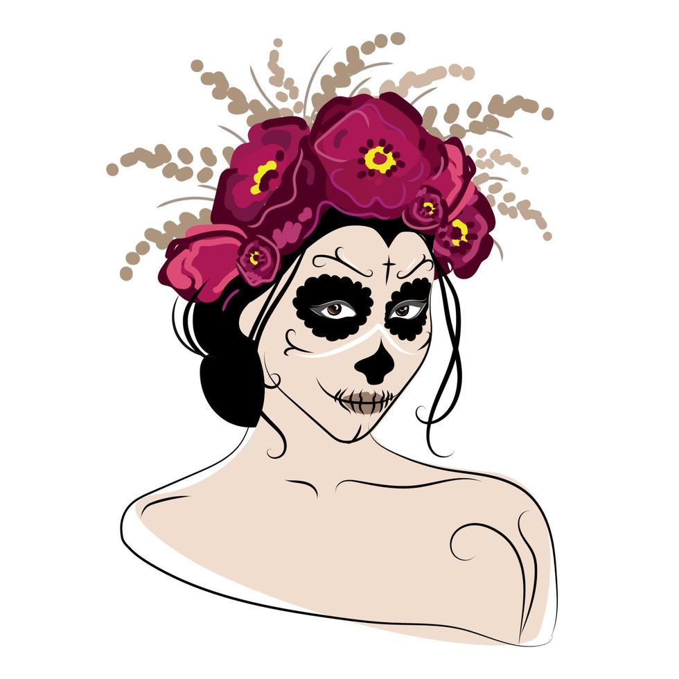 donna viso con zucchero cranio trucco e fiore ghirlanda su testa.calavera catrina per poster, carta emblema design vettore illustrazione isolato.dia de los muertos, messicano vacanza giorno di il morto, Halloween