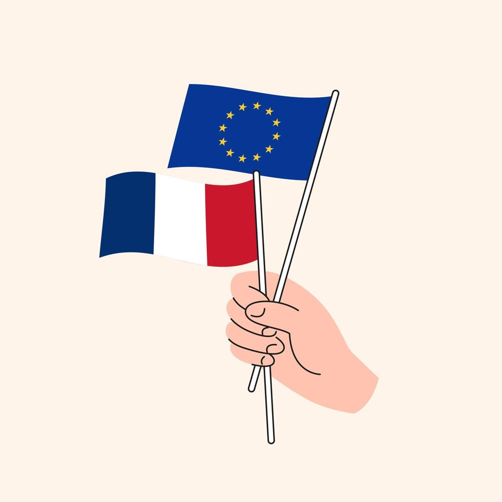 cartone animato mano Tenere europeo unione e francese bandiere. Unione Europea Francia relazioni. concetto di diplomazia, politica e democratico negoziati. piatto design isolato vettore