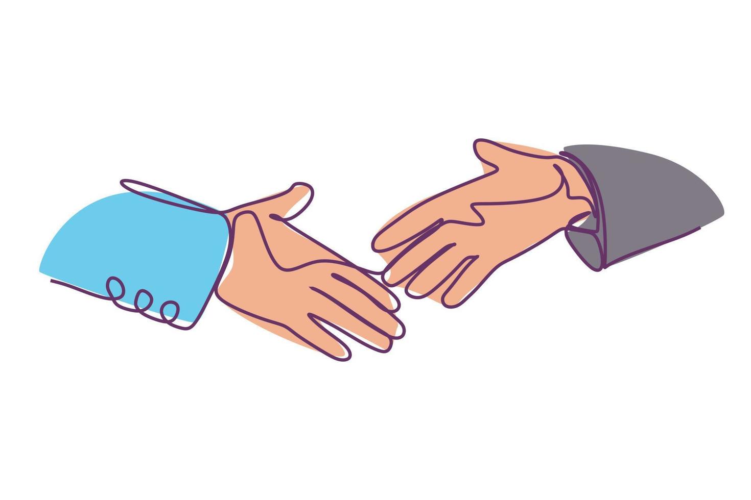 semplice piatto colore di Due uomini d'affari tremante mani continuo linea disegno - vettore illustrazione per attività commerciale e finanza concetto