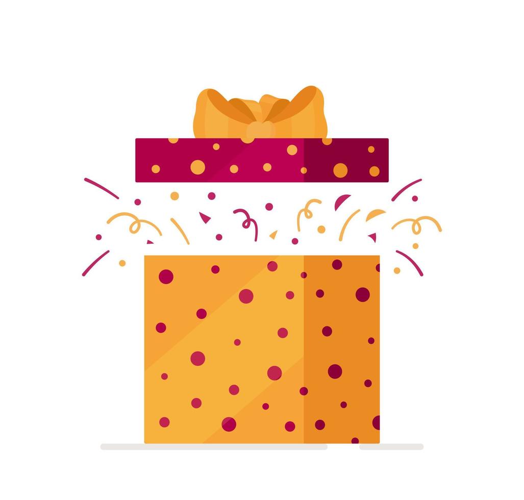 vettore illustrazione di coriandoli scatola. giallo-rosa regalo scatola con Aperto coperchio isolato su bianca sfondo.