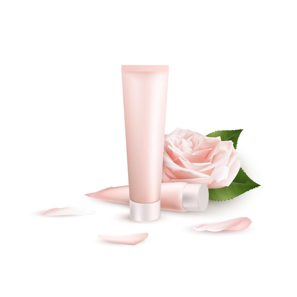 realistico pelle cura crema. Due tubo di crema, fiore e petali rosa. vettore illustrazione