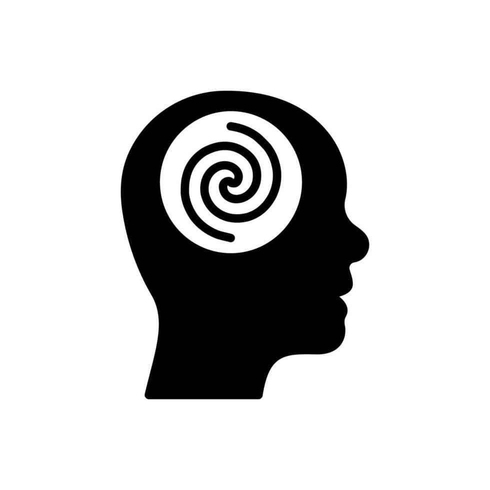 ipnosi psicologia silhouette icona. mente il giro turbine spirale pittogramma. creativo cervello immaginazione benessere nero icona. mentale caos nel uomo testa. isolato vettore illustrazione.