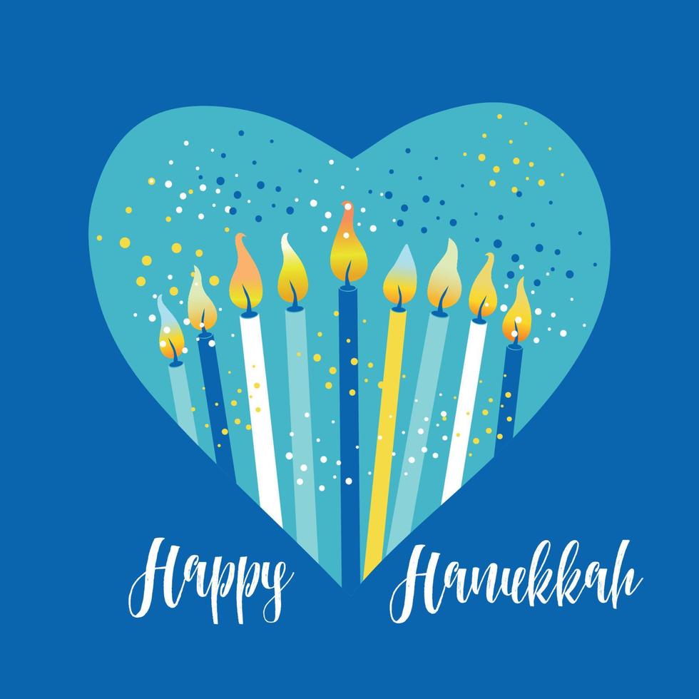 ebraico vacanza hanukkah saluto carta tradizionale chanukah simboli - menorah candele nel cuore illustrazione su blu. vettore