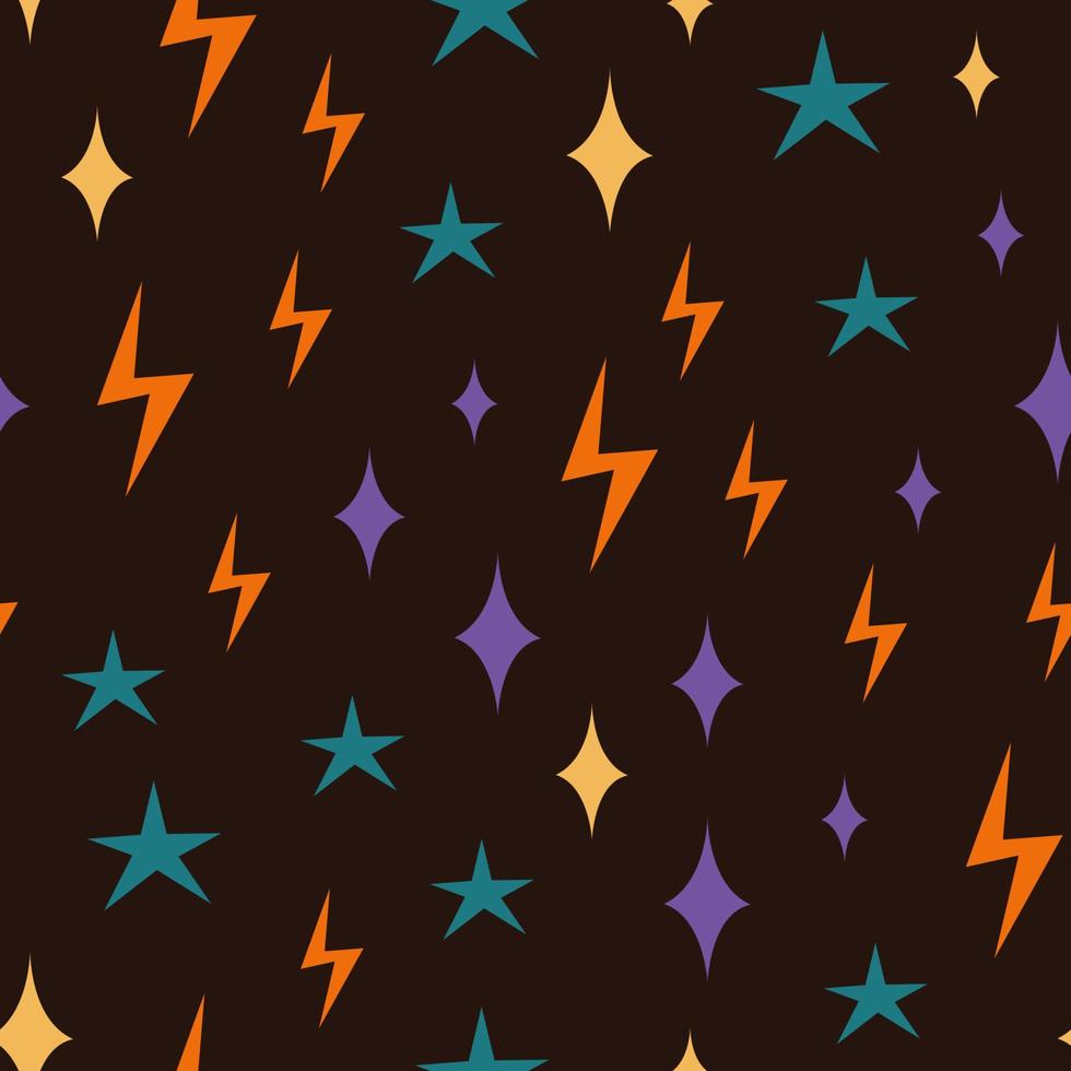 giallo fulmine e viola stelle vettore senza soluzione di continuità modello. sfondo con piatto luminosa stelle su buio sfondo