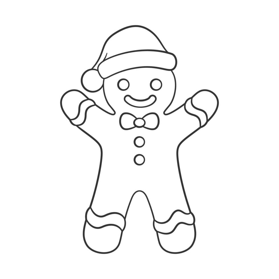 carino Pan di zenzero uomo con un' arco cravatta e Santa cappello inverno Natale tema facile colorazione libro pagina attività per bambini. vettore