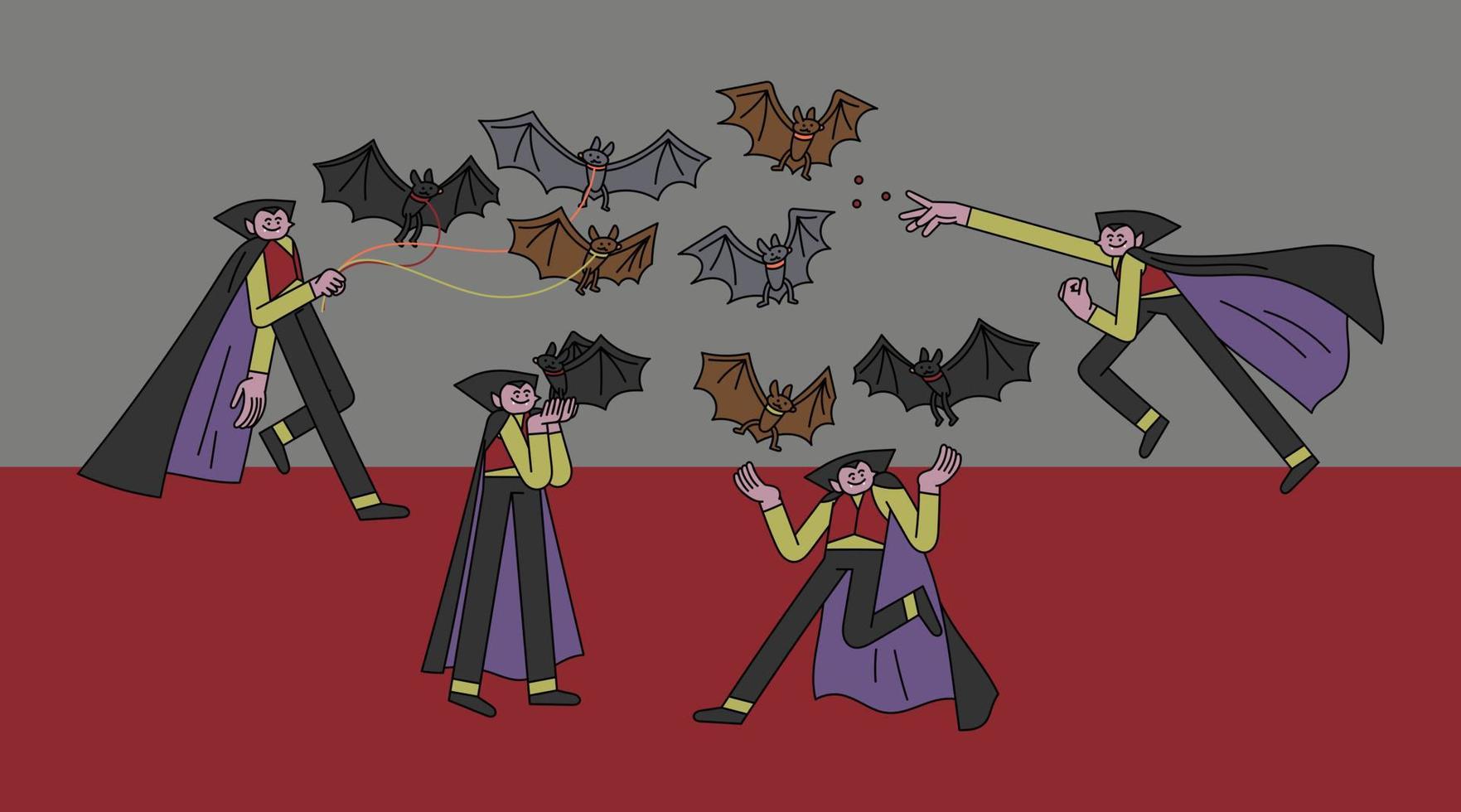 dracula con animale domestico pipistrello mano disegnato personaggio illustrazione vettore
