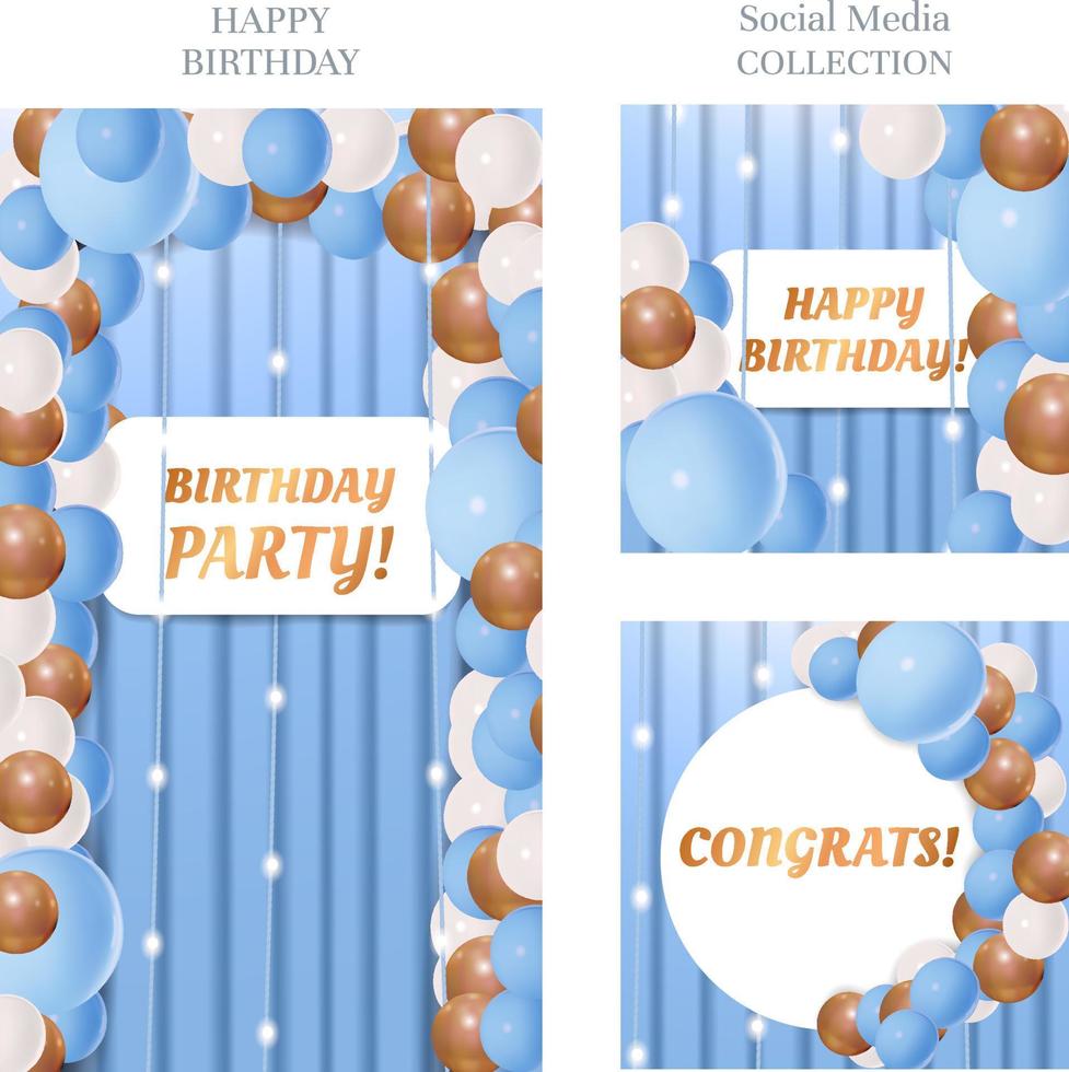 contento compleanno sociale media banner collezione bianca oro blu palloncini e corda luci vettore