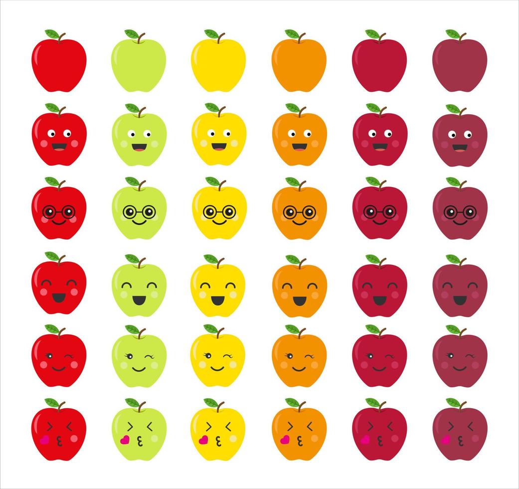 grande impostato di mele. insegnanti simbolo. carino mele con diverso espressioni. frutta clipart vettore