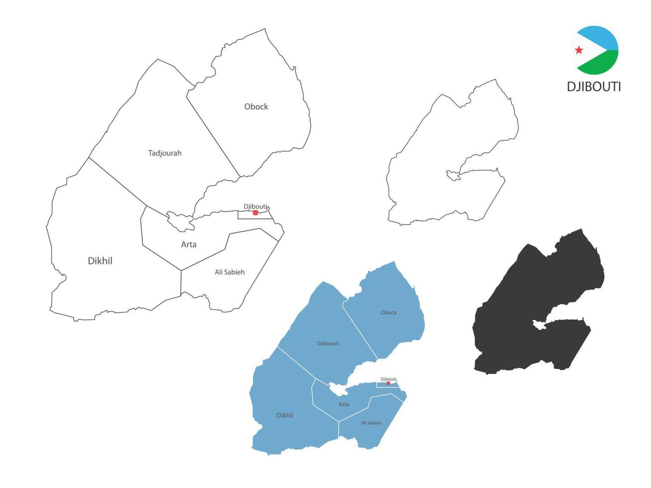 4 stile di Gibuti carta geografica vettore illustrazione avere tutti Provincia e marchio il capitale città di Gibuti. di magro nero schema semplicità stile e buio ombra stile. isolato su bianca sfondo.