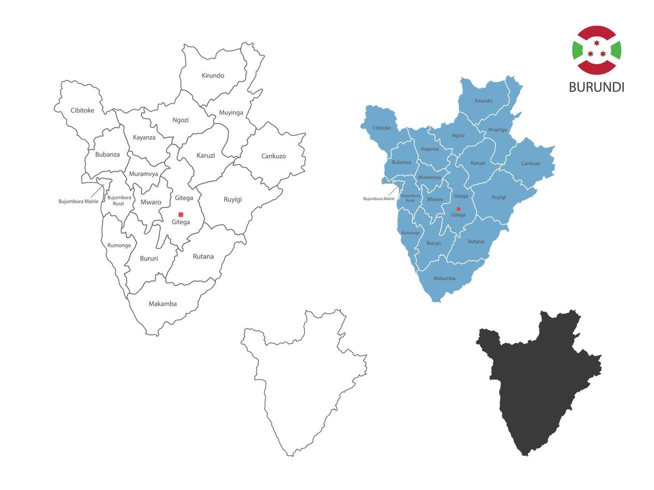 4 stile di burundi carta geografica vettore illustrazione avere tutti Provincia e marchio il capitale città di burundi. di magro nero schema semplicità stile e buio ombra stile. isolato su bianca sfondo.