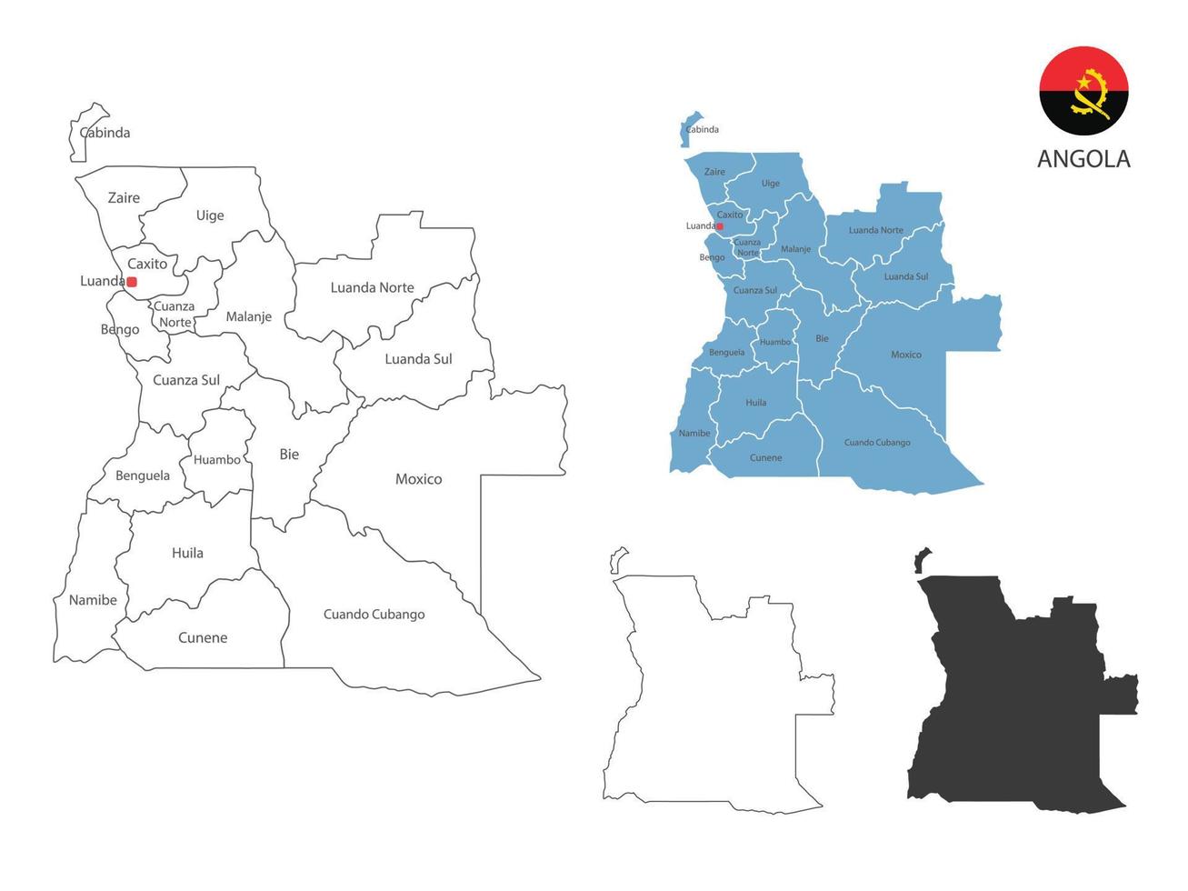 4 stile di angola carta geografica vettore illustrazione avere tutti Provincia e marchio il capitale città di angola. di magro nero schema semplicità stile e buio ombra stile. isolato su bianca sfondo.